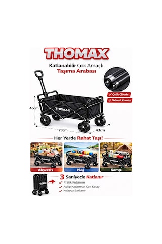 Çok Amaçlı Katlanabilir Araba Ve Taşıma Arabası Kamp,piknik,plaj,pazar, Market Arabası Siyah