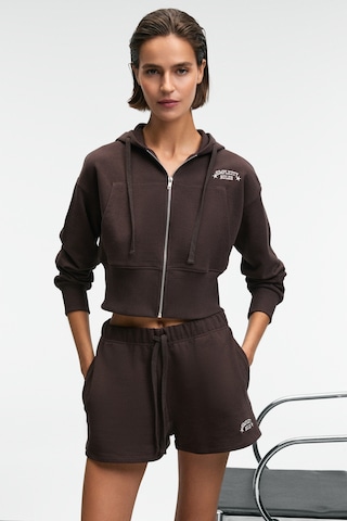 Grımelange Elara Kadın Metal Fermuarlı Nakışlı Kapüşonlu Crop Koyu Kahverengi Sweatshirt Koyu Kahverengi