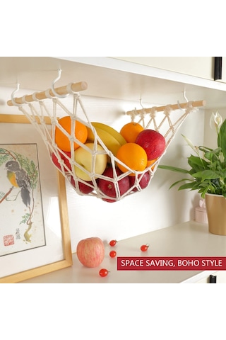 Yaozixa Dikişsiz Asma Meyve Filesi - Mutfak Dolabı Altına Pratik Meyve Sepeti Bej