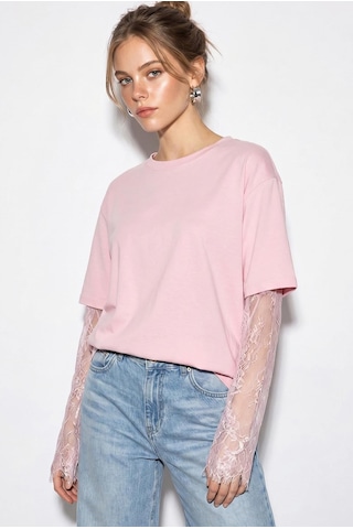 Shade Kadın Bisiklet Yaka Dantel Kollu Oversize Pamuklu T-shirt 1049 60286075 - Pembe
