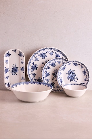 Antik Mavi 27 Parça 6 Kişilik Seramik Yemek Takımı Vintage Mavi Çiçekli Yuvarlak Servis Seti Mavı Mavi