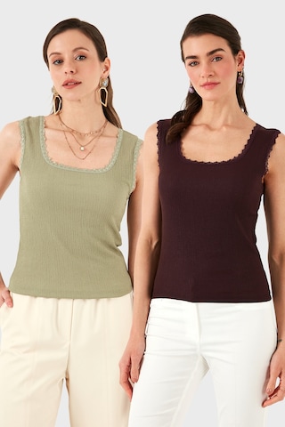 Lela Slim Fit Kalın Dantelli Kare Yaka Bürümcük 2'Li Paket Bayan Atlet 5864979S2 Olive-Vişne