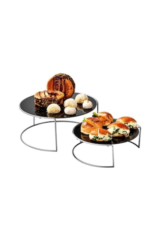 Edora Home Gümüş Ikili Büyük Boy Metal Sunumluk/ Siyah Pleksi Pasta Servis Seti - Paslanmaz