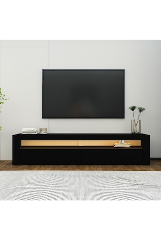 Batı Led Işıklı 2 Kapaklı TV Sehpası 150 cm Minimal Tasarım, Ahşap siyah