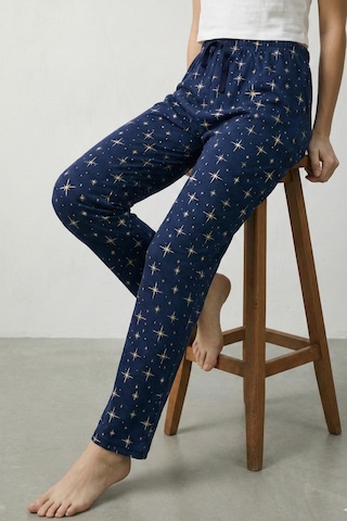 Elemge %100 Pamuk Desenli Kadın Pijama Altı Interlok Kumaş Rahat Kalıp İndigo Cepsiz Kurdele Yıldız Baskı