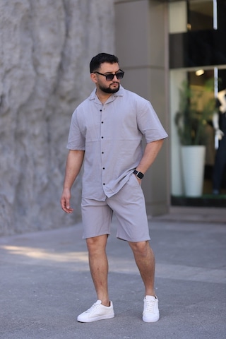 Çağla Yeşili Renk Gömlek Şort Erkek Keten Takım Oversize Kalıp Gri