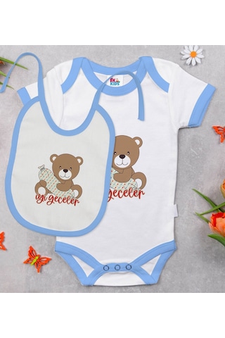 Bk Kids Sevimli Ayıcık Tasarımlı Mavi Bebek Body Zıbın Ve Mama Ön Çok Renkli
