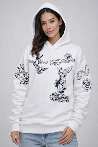Primemagazam Kadın 3 İplik Pamuklu Kapüşonlu Baskılı Sweatshirt Hoodie - Beyaz Çeşitli
