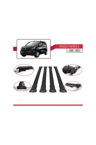 Peugeot Partner 2019-2022 Arası İle Uyumlu Fly Model Ara Atkı Tavan Barı Siyah 4 Adet Bar