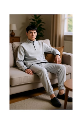 Ersefa Kadin Ottoman Dokulu Fermuarli Sweatshirt Ve Pantolon Ev Giyim Ta gri