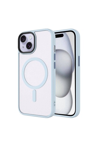Apple Uyumlu iPhone 15 Kılıf Mat Arka Yüzey Wireless Şarj Özellikli Zore Flet M-safe Kapak Mavi Açık