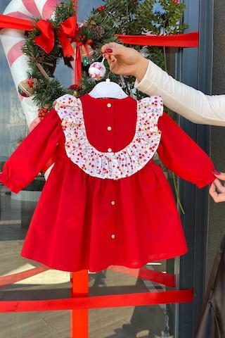 Çiçekli Fırfır Ve Kurdele Detaylı Cici Kız Çocuk Bebek Bayram Doğum Günü Kırmızı Elbise 001