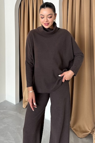 Modagen Kadın Selanik Kumaş Balıkçı Yaka Alt Üst Takım Kahve