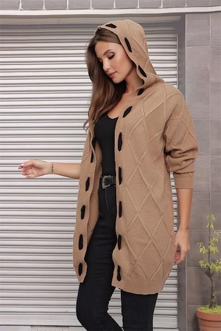 Aqe Fashion Kapüşonlu Kabartma Desenli Şerit Garnili Camel Hırka CAMEL Camel