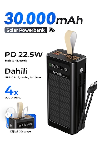7go Gpw-09 30000mah Güneş Enerjili Powerbank Pd 22.5w Hızlı Şarj Dahili Type-c & Lightning Kablo Siyah