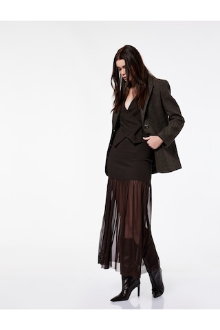 Koton Koton X Şahika Ercümen - Slim Fit Tül Detaylı Midi Etek Kahverengi 6wak10307ek Kahve