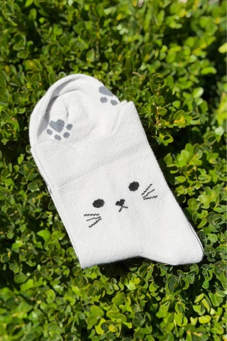 Lousocks Unisex Kedi Kulaklı Pati Desenli Gri Melanj Soket Çorap