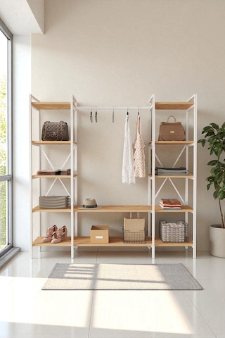 Nilamu Atlantik Çam Elbise Dolabı Metal Gövdeli Açık Askılık & Organizer Dolap 175 170 34 Cm Atlantik Çam