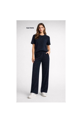 Kaside Kadın Taşlı Kısa Kol Beli Lastikli Bağlamalı İkili Takım Ksd-8636 Lacivert