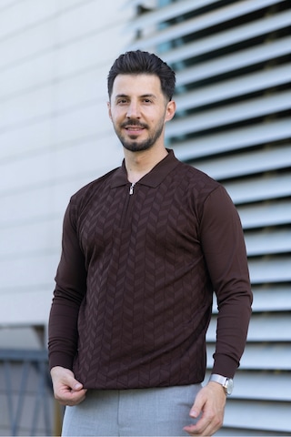 Hk Premium Erkek Triko Kazak Zikzak Desenli Polo Yaka Fermuarlı Slim Fit Kahverengi