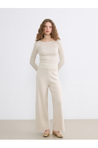 Lcw Modest Bej Beli Lastikli Geniş Paça Kadın Triko Pantolon
