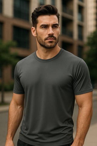 Erkek %100 Pamuk Slim Fit Sporcu Tişört Basic Bisiklet Yaka Kısa Kollu T-shirt Gri