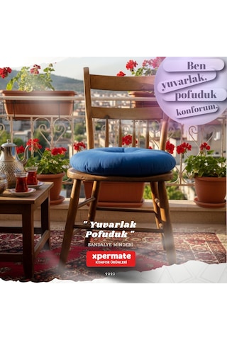 Pofuduk Yuvarlak Sandalye Minderi Mutfak, Balkon, Bahçe Dekoratif Oturma Minderi Yumuşak Dolgu Mavi