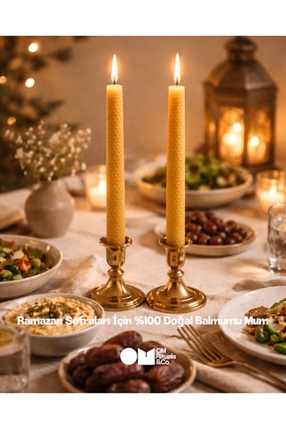 Ramazan Sofraları İçin %100 Doğal Balmumu Mum-2'li Şamdan Sarı