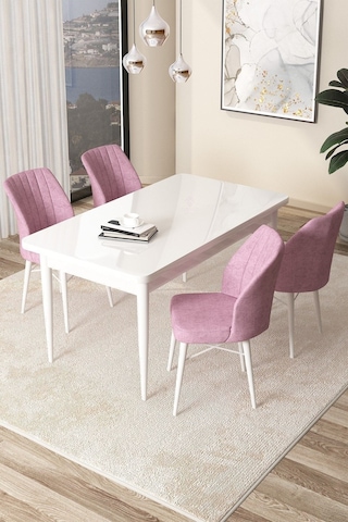 Canisa Arp Serisi 70x110 Sabit Mutfak Masası Takımı Beyaz Masa 4 Pembe Sandalye Beyaz Masa Sandalye Pembe