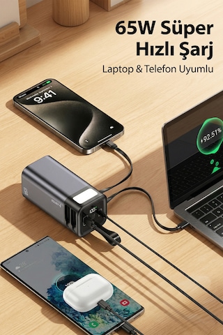 65w Pd Süper Hızlı 20.000mah Dahili Kablolu Taşınabilir Hızlı Şarj Aleti Powerbank siyah