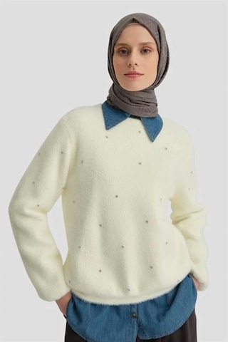 Armine Taş Detaylı Kazak 24kd2806 Aytaşı Krem