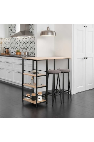 Step-up 2 Tabureli Yüksek Ayaklı Raflı Yemek Masası Ceviz/siyah 100x50x100 Ceviz