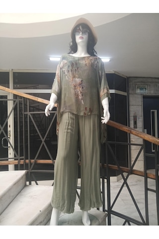 Bohem Stil İtalyan Dijital Çiçek Baskılı Özel Tasarım İpek Bluz- Pantolon Takım-8790 Açık Haki
