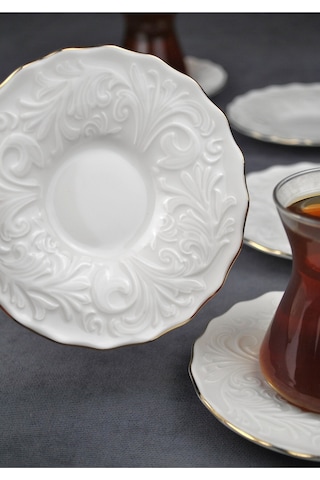 6 Kişilik Porselen Çay Tabağı Kabartma Desenli Yaldzlı 6 Adet Çay Tabak- Pera Gold