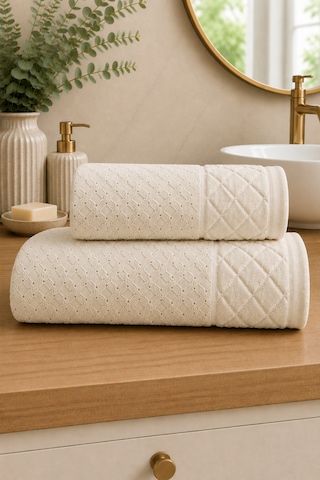 Kristal 2 Li Banyo Havlu Seti 50 90 Baş Havlusu + 90 150 Banyo Havlusu - Ekru