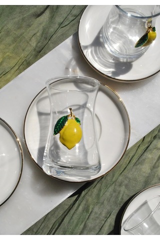 12 Parça Limonlu Çay Seti Limon Dekorlu Çay Bardağı Ve Gold Porselen Çay Tabağı Çok Renkli
