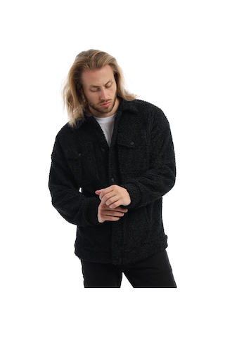 Erkek Kıvırcık Peluş Cıt Cıt Kapamalı Ceket Siyah