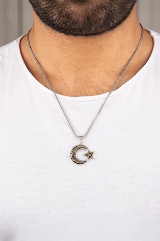 925 Ayar Gümüş Bronz Süslemeli Ayyıldız Erkek Kolye -8129 Gümüş 55 CM