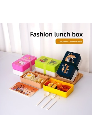 Yeşil Sevimli Çift Katlı Bento Kutusu - Öğrenciler Ve Ofis İçin Taşınabilir Kullanım İçin Uygundur. Yeşil