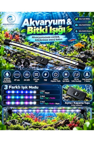 Akvaryum Işığı - Balık Işığı - Bitki Işığı - 47 Cm - 24 Led - Tamamen Su İçinde Kullanılabilir - 3 Modlu - 7w - Mükemmel Işık