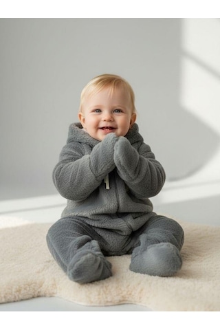 Zekids Bebek Peluş Kapüşonu Kulak Detaylı Tulum-16670 Gri