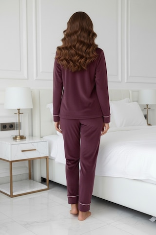 Kadın Kadife Boydan Düğmeli Şerit Detaylı 2'li Pijama Takım MÜRDÜM
