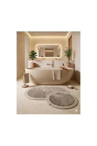 Nesrin Kaymaz Taban Peluş Banyo Paspası Seti Jüt Kenar Detaylı 2 Li Oval Yuvarlak 100x60 60x60 Kahverengi
