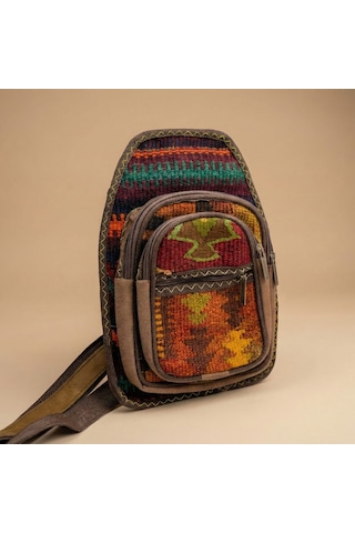 Morgen Craft Herek Anadolu Motifli Bel Çantası - %100 El Yapımı - Dokuma Kumaş - 20,5x31x6 Cm Kahverengi