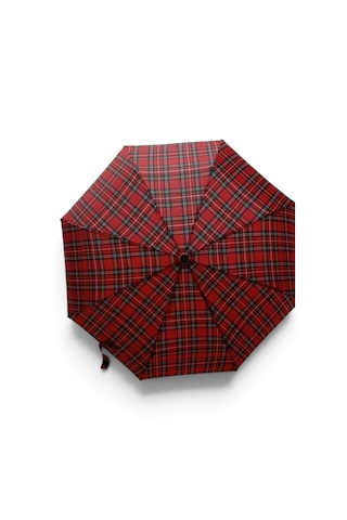 Elma Shop Tam Otomatik Şemsiye - Ekose Desenli - Telleri Yay Destekli - 1. Kalite - 100 Cm Çap - Eva Su Geçirmez Yağmurluk Hediyeli Kırmızı