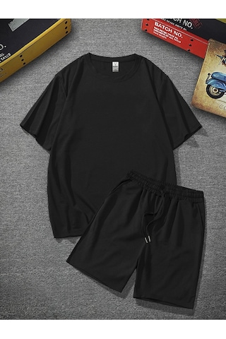 Pandy Unisex Siyah Oversize Bol Kalıp T-shirt Şortlu Alt Üst Ikili Takım Siyah