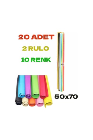 20 Adet 50x70 Cm Fon Kartonu 10 Renk 2 Rulo Fon Kartonu