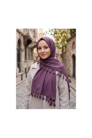 Umttrend Pamuklu Boncuklu Püsküllü Kadın Yazma Eşarp 110x110 Cm Mürdüm