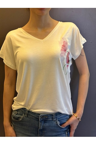 V Yaka Çiçek Desenli Kadın T-shirt Beyaz