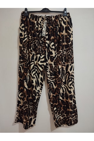 Anne Moda Ankara Kışlık Büyük Beden İnce 2 Cepli Beli Lastikli Yüksek Bel Süet Pantolon Siyah-leopar